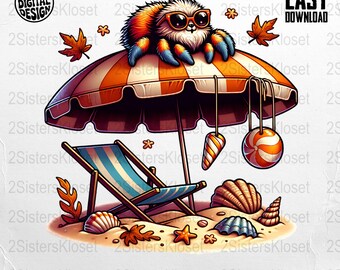 Grafika wektorowa z motywem dnia na plaży z tarantulą, letnia sztuka pająka (pobieranie cyfrowe)