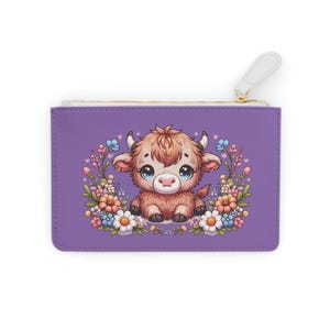Mini pochette, motif floral bohème chic de bébé vache des Highlands, petit sac à main, portefeuille femme, trousse de maquillage, cadeau pour elle, pochette à fermeture éclair