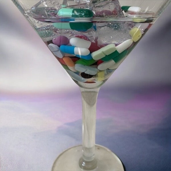 Faux Pill Art Martini Glass - Resin Art Sculpture