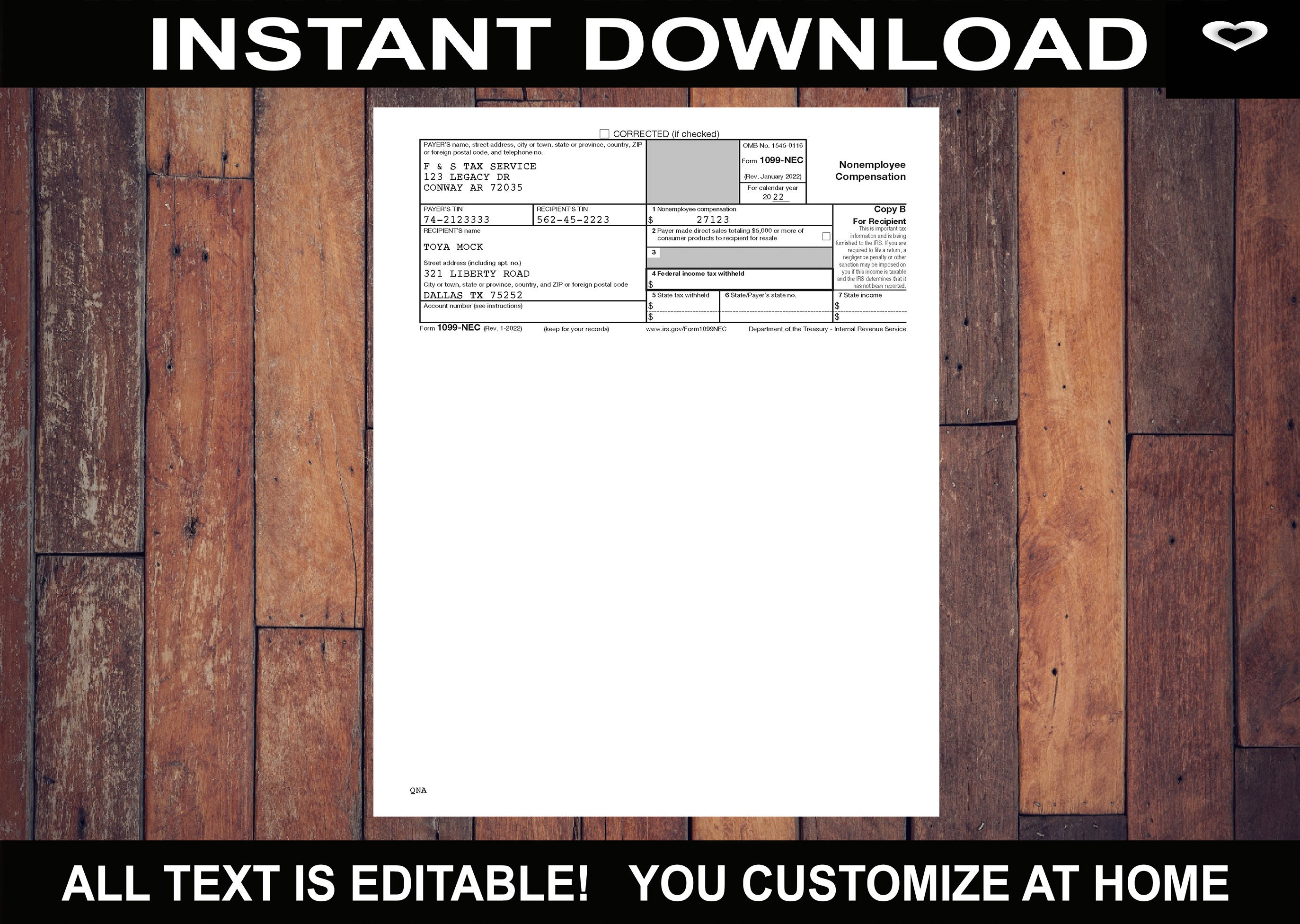 2023 1099Nec form 1 Per Page Plus 1096 Transmittal form fillable PDF.