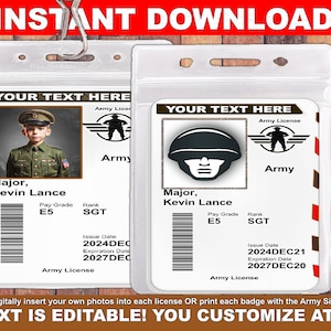 Armee Lizenz Vorlage - Armee Geburtstagsparty Dekoration oder Gastgeschenke - Druckbares Id Abzeichen - SOFORTIGER DOWNLOAD mit EDITIERBARE Text & Foto