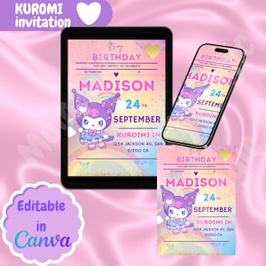 Adorável Kawaii Preto Digital Invite kuro - Design de Cartão de Festa Personalizável