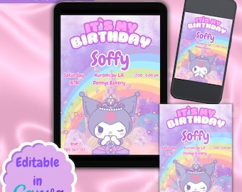 Adorable Kawaii Black Digital Invite kuro - Customizable Party Card Design