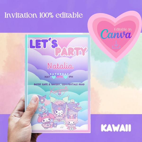 InvitationEditable kawaii Birthday Canva Template, kawaii Birthday Party Invitation, kawaii Party, Princess Celebration