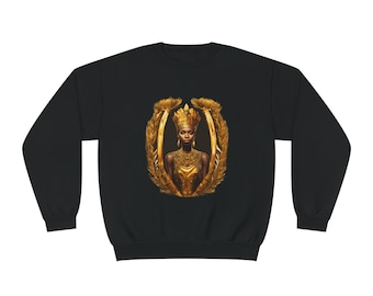 May include: Black sweatshirt featuring a gold illustration of a person wearing a crown and ornate jewelry. The illustration is framed by a gold wreath. The design is centered on the front of the sweatshirt.