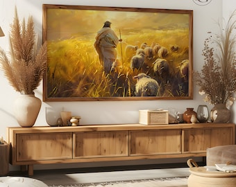 May include: A painting of a man in a white robe leading a flock of sheep through a field of tall grass. The sun is shining brightly in the background, and the sky is a soft blue.