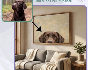 May include: A framed digital art pet portrait of a chocolate Labrador Retriever. The dog's head is featured prominently, peeking over the bottom edge of the frame. The image is displayed above a gray sofa with cream-colored blankets and pillows. Text reads: "PERSONALIZED OIL PAINTING DIGITAL ART PET PORTRAIT."
