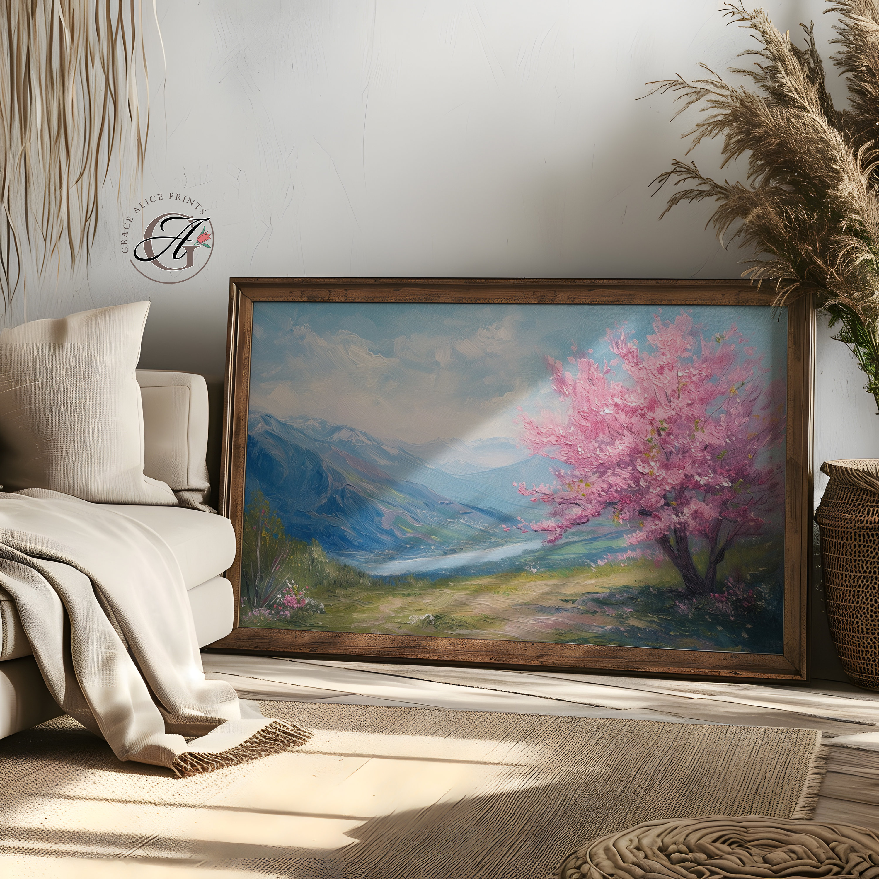 油絵　春の山 桜の木の油絵：春の山の風景（デジタルダウンロード） - Etsy 日本