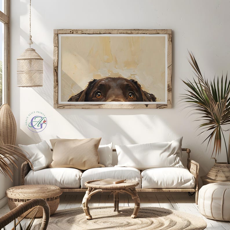 Puede incluir: Una pintura de la cara de un perro marr&oacute;n asom&aacute;ndose por encima de un marco de madera. El perro tiene ojos marrones y una nariz marr&oacute;n claro. El fondo de la pintura es de color amarillo claro.