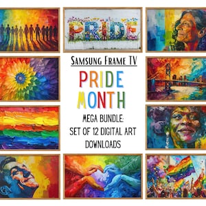 Puede incluir: Un conjunto de 12 descargas de arte digital con pinturas coloridas que celebran el Mes del Orgullo. Las imágenes incluyen una bandera arcoíris, una flor, un puente y un retrato de una persona. El texto "SAMSUNG FRAME TV PRIDE MONTH MEGA BUNDLE: SET OF 12 DIGITAL ART DOWNLOADS" se muestra en la imagen.