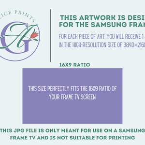 May include: A digital illustration of a stylized letter "G" with a red flower, surrounded by a circle with the text "GRACE ALICE PRINTS". The text "THIS ARTWORK IS DESIGNED FOR THE SAMSUNG FRAME TV: FOR EACH PIECE OF ART, YOU WILL RECEIVE 1 JPG FILE IN THE HIGH-RESOLUTION SIZE OF 3840&times;2160 PIXELS. 16X9 RATIO THIS SIZE PERFECTLY FITS THE 16X9 RATIO OF YOUR FRAME TV SCREEN. THIS JPG FILE IS ONLY MEANT FOR USE ON A SAMSUNG FRAME TV AND IS NOT SUITABLE FOR PRINTING" is also included.