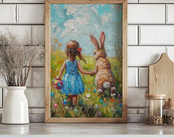Easter Bunny & Girl Art Print: 3D Textured Spring Nursery (Digital Download)