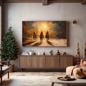 Frame TV Three Wiseman Scene Art, kerst tv-kunst digitale download, olieverf op doek kunst, religieuze kerststalkunst, geboorte van Jezus tv-kunst