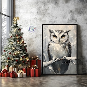 Winter Owl Art Print, Snowy Owl Wall Decor, Majestic Wildlife Painting, Winter Nature Scene, Rustic Holiday Artwork, Snowy Owl Wall Art, Owl