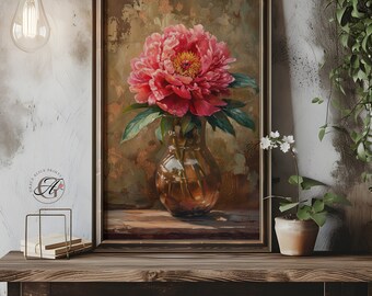 Vintage Pink Peony Art Print: Rustic Floral Oil Painting (Digital Download)