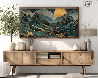Emerald Mountains Frame TV Art: Stained Glass Japandi Landscape (Digital Download)