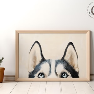 Siberian Husky Peeking Wandkunst, süße Hunde Wandkunst, Minimalistisches Haustier Porträt, wunderliche Tierdruck, Siberian Husky Druck, Hundekindergarten Kunst