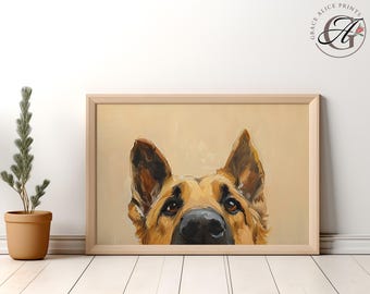 Impresión de pastor alemán asomado: retrato minimalista de perro (descarga digital)