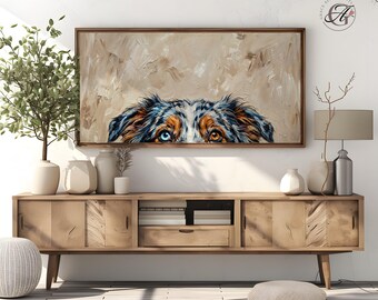 Merle Aussie Peeking Frame TV Art – Evergreen Dog Digital Download (16:9 Ratio)