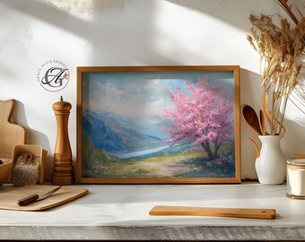 桜の木の油絵：春の山の風景（デジタルダウンロード） - Etsy 日本