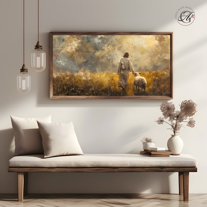 May include: A painting of a man in a white robe walking through a field with a sheep following behind him. The sky is cloudy and the sun is shining through the clouds. The field is green and brown.