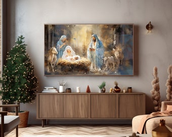 May include: A watercolor painting depicting the nativity scene with Mary, Joseph, and baby Jesus in a stable with animals. The painting is framed and hanging on a wall in a living room setting.
