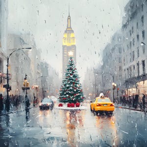 May include: A yellow taxi cab drives down a snowy city street with a large Christmas tree in the center of the street. A tall skyscraper is visible in the background.