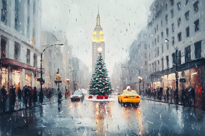 May include: A yellow taxi cab drives down a snowy city street with a large Christmas tree in the center of the street. A tall skyscraper is visible in the background.