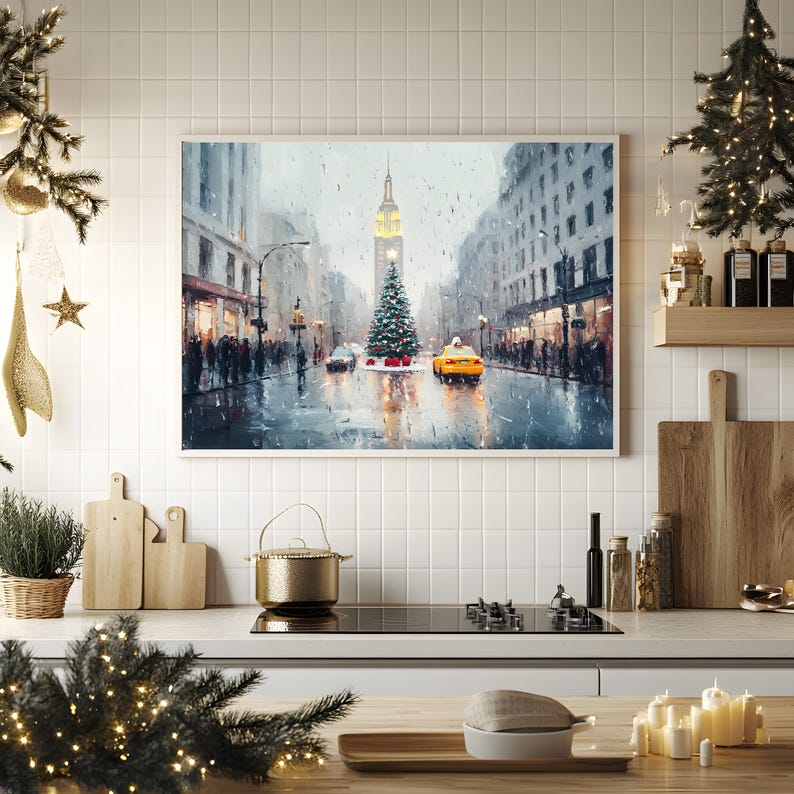 May include: A painting of a snowy city street scene with a Christmas tree in the center. The street is lined with buildings and there are people walking around. A yellow taxi cab is driving down the street. The painting is framed in a white frame.