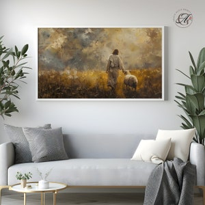 May include: A painting of a man in a white robe walking through a field with a sheep following behind him. The sky is cloudy and the field is a golden brown color.