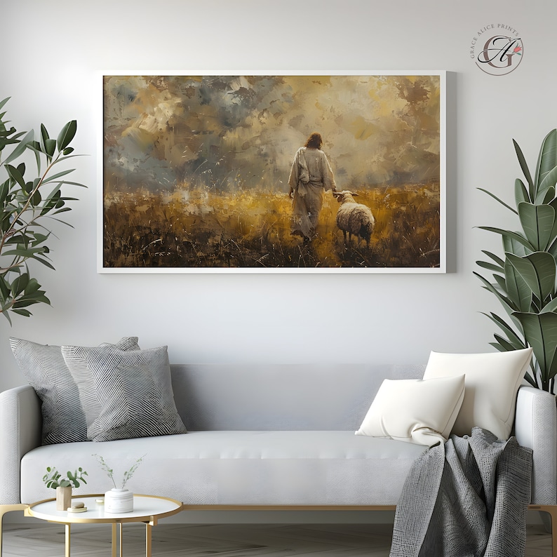 May include: A painting of a man in a white robe walking through a field with a sheep following behind him. The sky is cloudy and the field is a golden brown color.