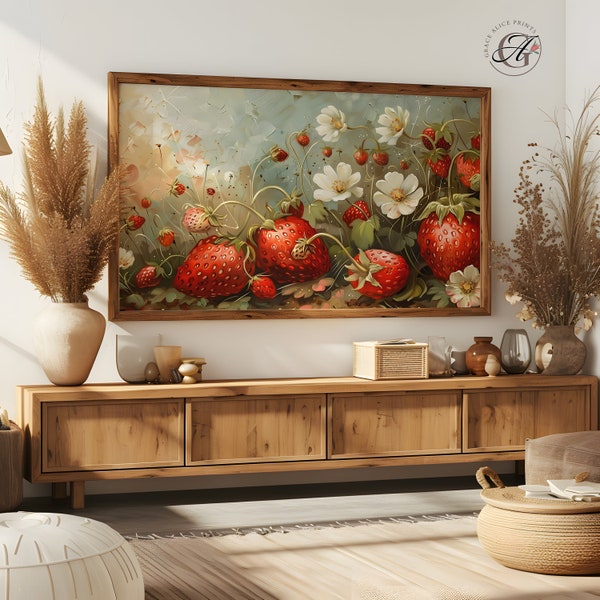 Frame TV Strawberries and Flowers, Strawberry Frame TV Art, Fruit and Flowers Art, Fruit TV Art, Strawberries Art Digital Download, Frame Tv