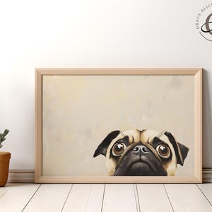 Pug Peeking Wall Art, Cute Dog Wall Art, Minimalist Pet Portrait, Whimsical Animal Print, Pug Print, Dog Nursery Art, Tan Pug Wall Art