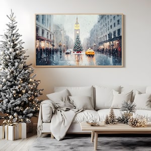 May include: A painting of a snowy city street scene with a tall building in the background and a Christmas tree in the foreground. There are people walking on the sidewalk and a yellow taxi cab driving down the street.