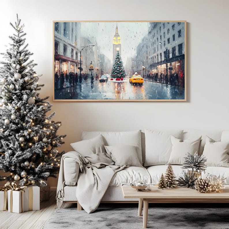 May include: A painting of a snowy city street scene with a tall building in the background and a Christmas tree in the foreground. There are people walking on the sidewalk and a yellow taxi cab driving down the street.