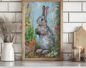 Bunny Rabbit Gardening Art: Spring 3D Textured Print (Digital Download)
