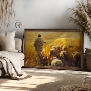 Jesus the Shepherd Art, Spiritual Christian Wall Decor, Inspirational Religious Print, Jesus with Sheep Painting, Jesus Christ Wall Art
