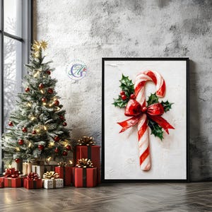Candy Cane Christmas Print: Red Bow, Holly, Festive Wall Art (Digital Download)