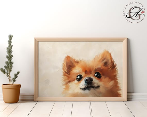 ポメラニアン犬の肖像画プリント、気まぐれな保育園アート（デジタル