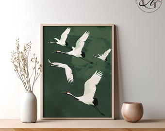 Japanese Crane Art Print: Emerald Green Japandi Decor (Digital Download)