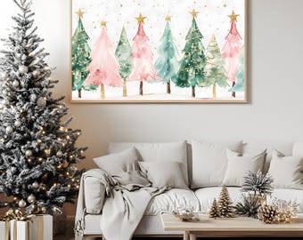 Pastel Watercolor Christmas Trees Print: Modern Holiday Decor (Digital Download)