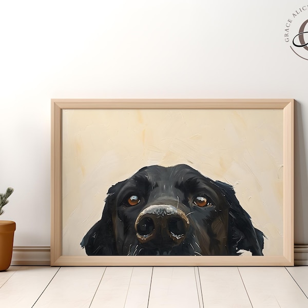 Svart labrador-tittande tryck: Minimalistiskt hundporträtt (digital nedladdning)