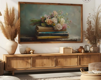 Frame TV Art: Flowers on Books, Rustic Botanical Oil (Digital Download)