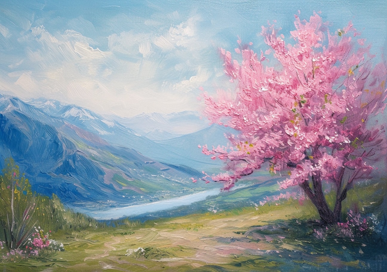 桜の木の油絵：春の山の風景（デジタルダウンロード） - Etsy 日本