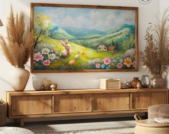 Frame TV Easter Art, Country Side Spring TV Art, Oil on Canvas Textured Landscape Art for TV Digital Download, 3D Textured Bunny Spring Art