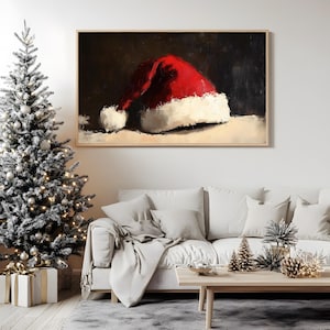 Santa Hat Still Life Painting Wall Art, Festive Holiday Decor Wall Art, Christmas Digital Download, Classic Red Santa Hat Artwork Print