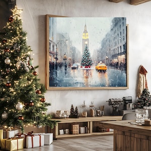 May include: A painting of a snowy city street scene with a tall building in the background and a Christmas tree in the foreground. A yellow taxi cab is driving down the street.