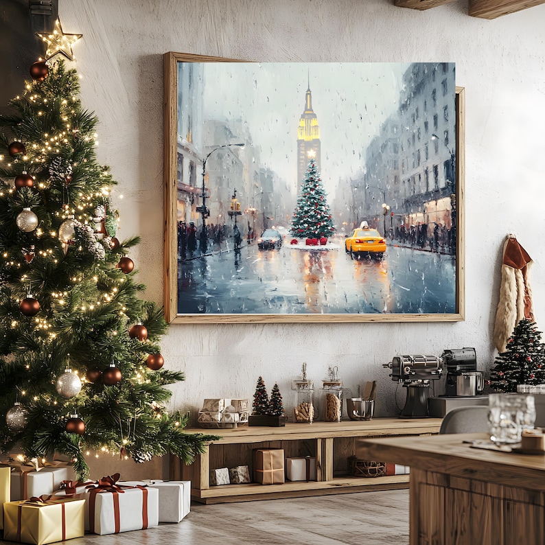 May include: A painting of a snowy city street scene with a tall building in the background and a Christmas tree in the foreground. A yellow taxi cab is driving down the street.