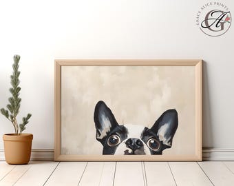 Boston Terrier Peeking Art Print, Dog Portrait (Digital Download)