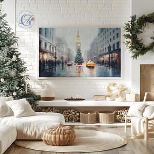 May include: A painting of a snowy city street scene with a tall building and a Christmas tree in the center. A yellow taxi cab is driving down the street.